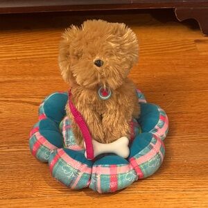 American Girl Plush Dog with Blue and Pink Bed